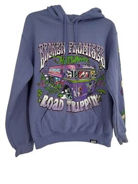 Hot Wheels Broken Promises Hoodie Size S Periwinkle Purple Road Trippin Skull